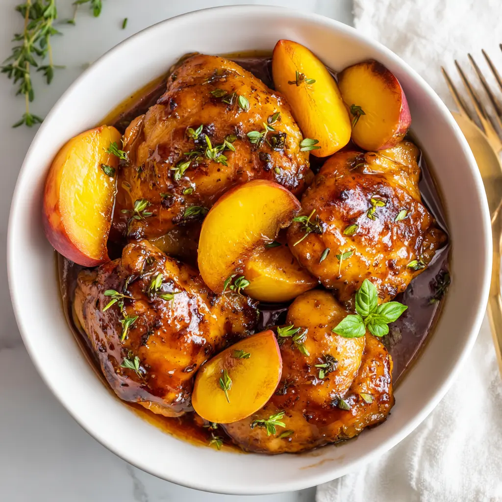 Easy Honey Balsamic Chicken Thighs with Peaches Ready in 30 Minutes! 1 Square recipe image of honey balsamic chicken thighs with caramelized peaches, glossy glaze, and fresh herbs.