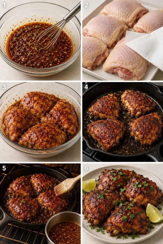 How to Make Chipotle Honey Lime Chicken Thighs Six-step photo collage showing how to mix chipotle honey lime marinade, coat chicken, sear, roast, glaze, and garnish chicken thighs.