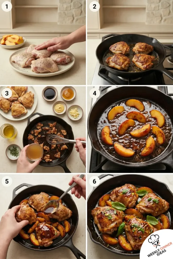 How to Make Honey Balsamic Chicken Thighs with Peaches Six-step photo collage showing how to season, sear, glaze, add peaches, oven-finish, and serve honey balsamic chicken thighs.