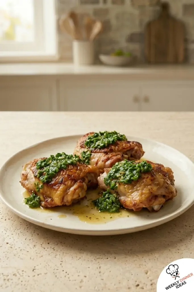 Final plated Chimichurri Chicken Thighs with herb sauce and crispy skin