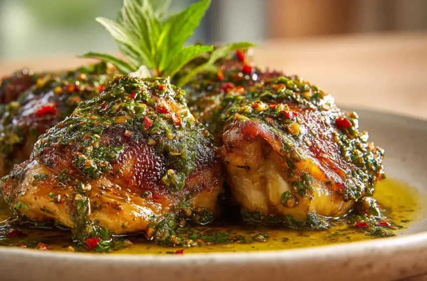 Chimichurri Chicken Thighs with crispy golden skin and vibrant herb sauce