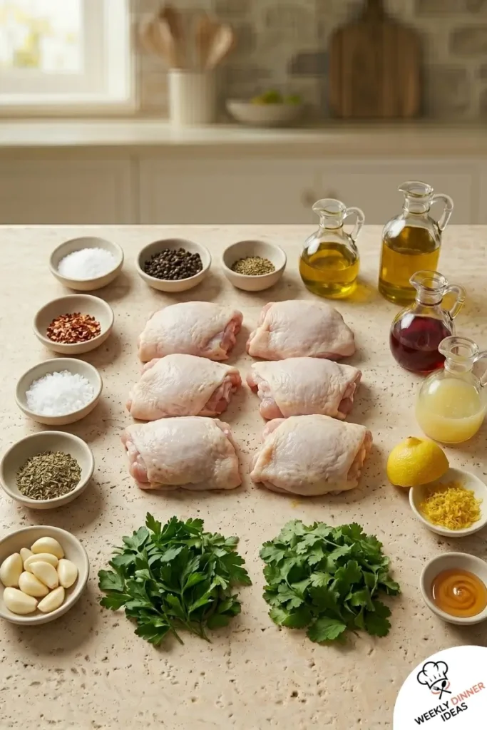 Ingredients for Chimichurri Chicken Thighs including chicken thighs, parsley, cilantro, garlic, red wine vinegar, olive oil, oregano, and red pepper flakes