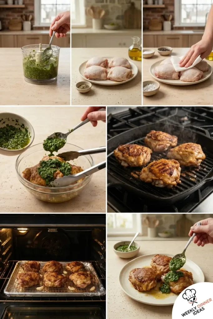 Step-by-step collage showing how to make Chimichurri Chicken Thighs from making the sauce to cooking and serving