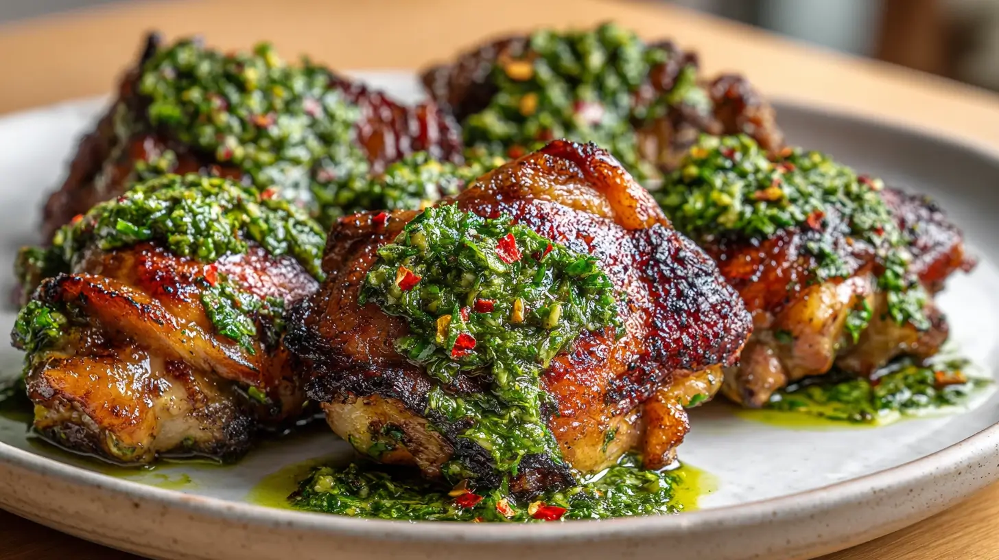 Square recipe image for Chimichurri Chicken Thighs with bright herb sauce