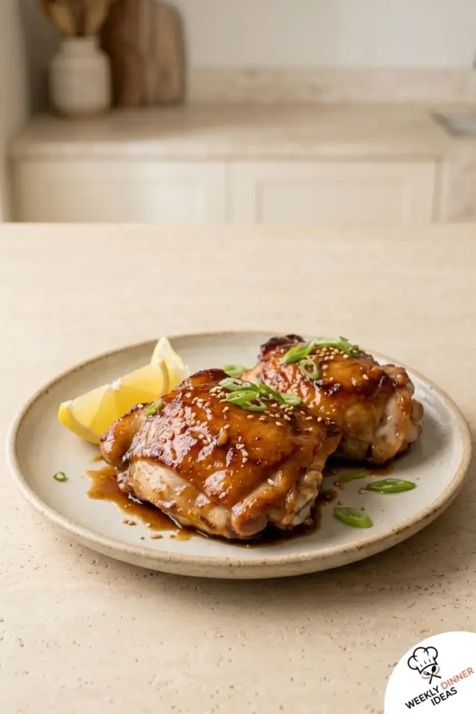 Final plated Honey Soy Chicken Thighs with sticky glaze, green onions, and sesame seeds