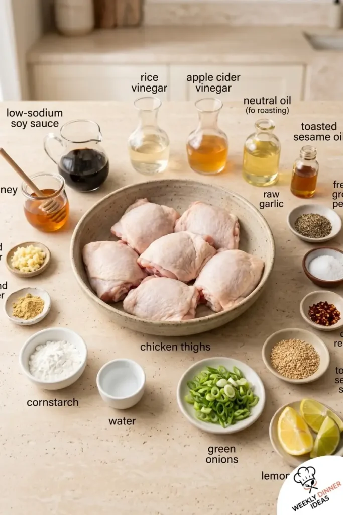 Ingredients for Honey Soy Chicken Thighs including chicken thighs, soy sauce, honey, garlic, ginger, green onions, and sesame seeds