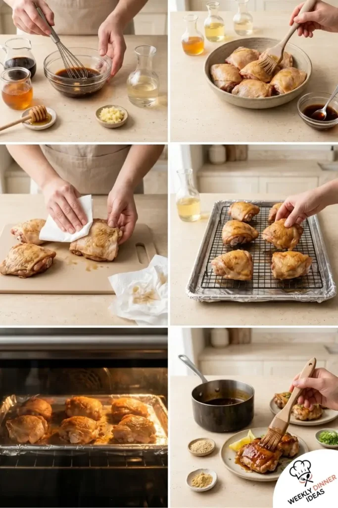 Step-by-step collage showing how to make Honey Soy Chicken Thighs from marinating to roasting and glazing