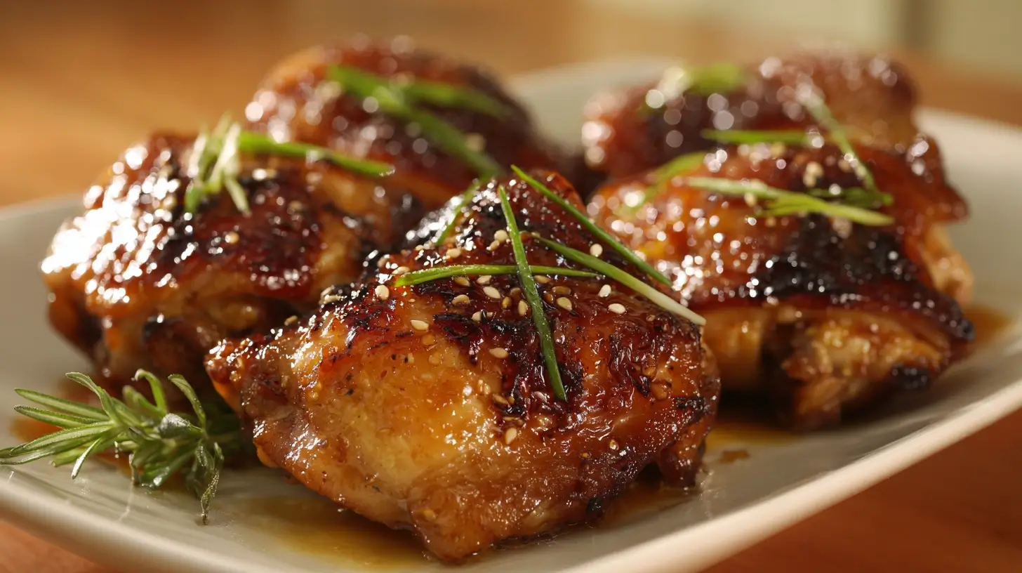 Square recipe image for Honey Soy Chicken Thighs with glossy caramelized glaze