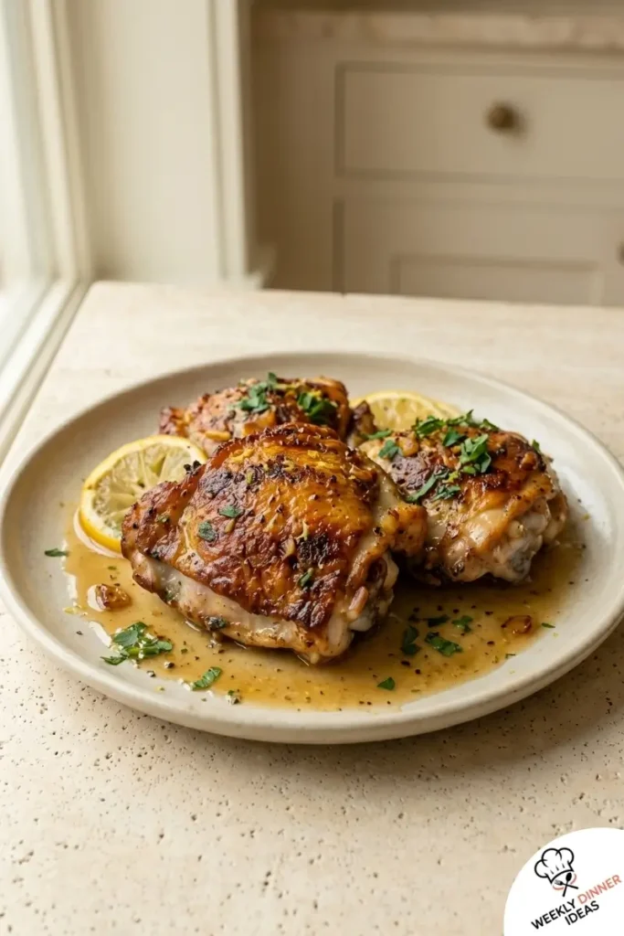 Final plated Lemon Garlic Chicken Thighs with crispy skin, garlic, lemon, and parsley