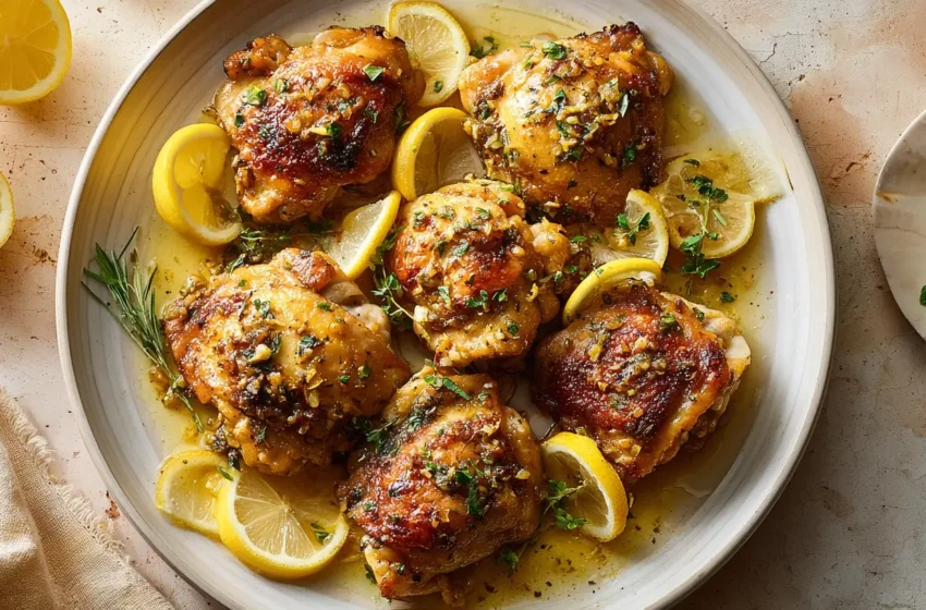 Lemon Garlic Chicken Thighs with crispy golden skin, lemon zest, and caramelized garlic