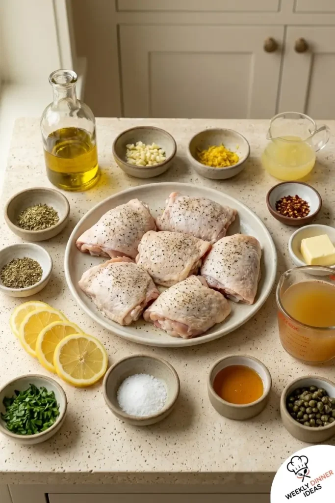 Ingredients for Lemon Garlic Chicken Thighs including chicken thighs, lemon, garlic, olive oil, oregano, parsley, and broth