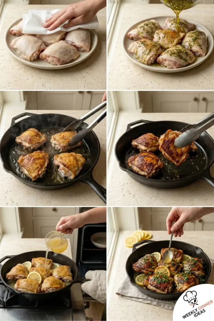 Step-by-step collage showing how to make Lemon Garlic Chicken Thighs from marinating and searing to roasting and finishing