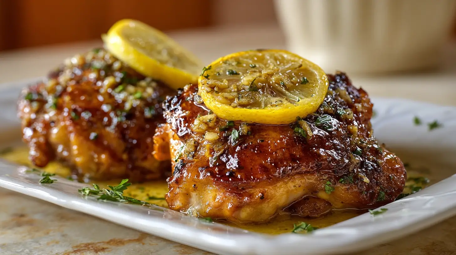 Square recipe image for Lemon Garlic Chicken Thighs with crispy skin and bright lemon garlic finish