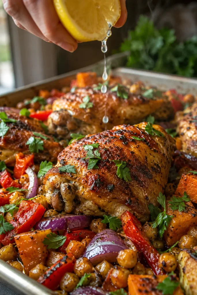 Close-up of Moroccan Chicken Thigh Sheet Pan Dinner with crispy spiced chicken, roasted vegetables, chickpeas, lemon, parsley, and cilantro.