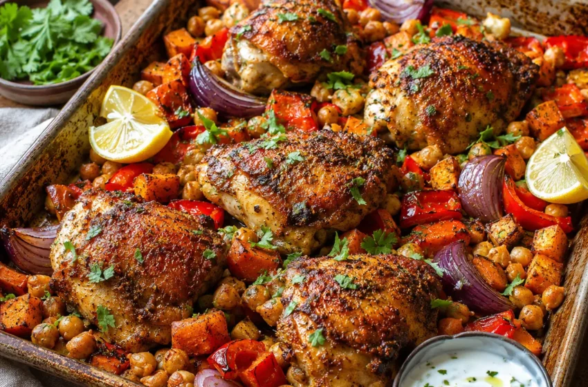 Moroccan Chicken Thigh Sheet Pan Dinner with crispy spiced chicken thighs, roasted vegetables, chickpeas, parsley, cilantro, lemon wedges, and yogurt.