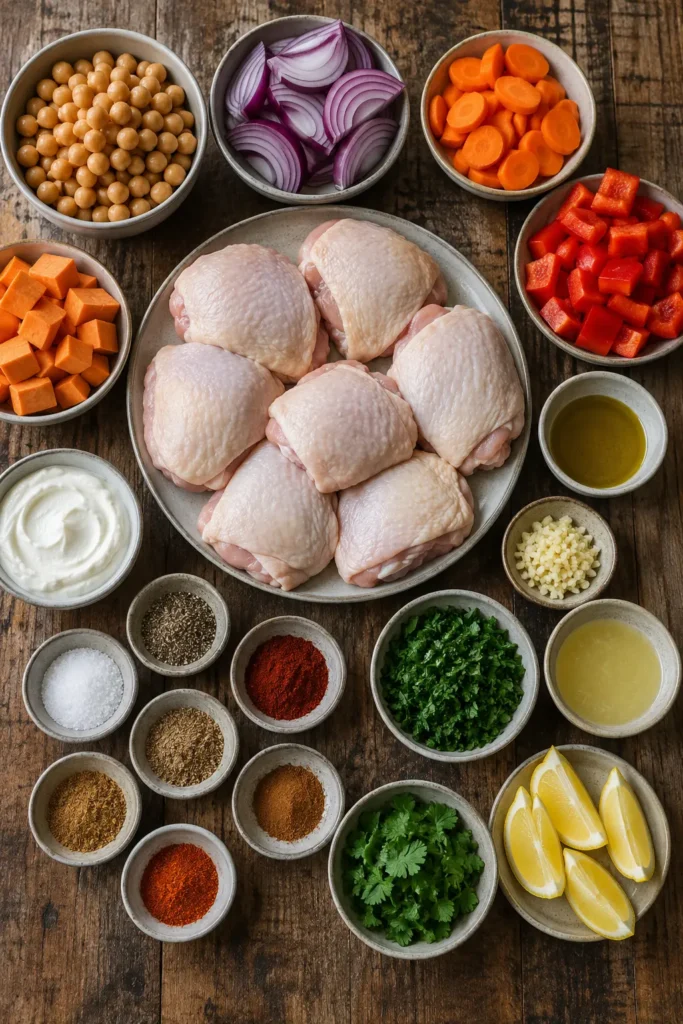 Ingredients for Moroccan Chicken Thigh Sheet Pan Dinner arranged on a rustic wooden kitchen table.