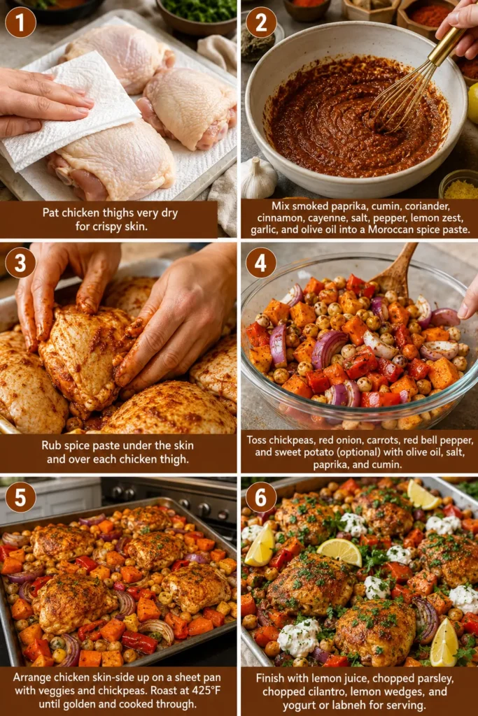 Six-step collage showing how to prepare Moroccan Chicken Thigh Sheet Pan Dinner.