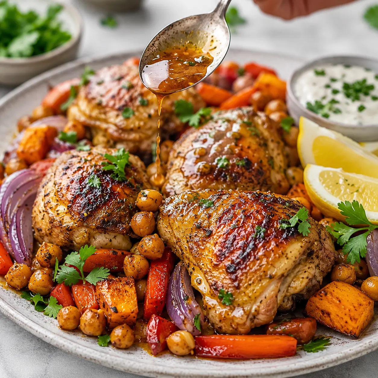 Moroccan Chicken Thigh Sheet Pan Dinner arranged neatly for recipe card with roasted chickpeas, vegetables, lemon wedges, parsley, cilantro, and yogurt.