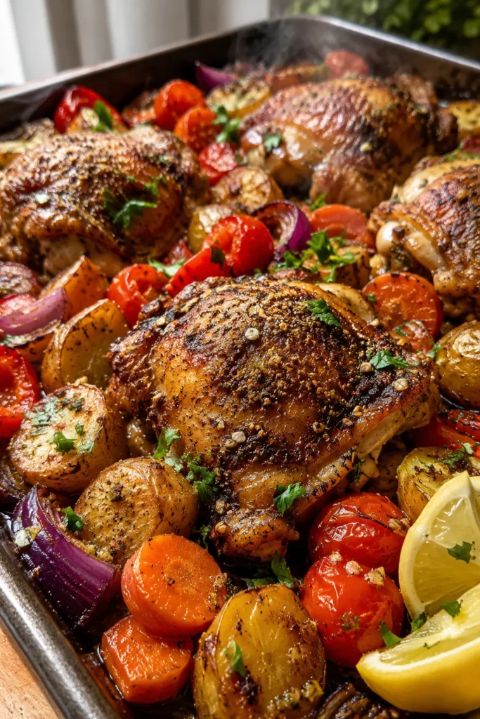 Close-up of Sheet Pan Za'atar Chicken Thighs with caramelized vegetables, fresh parsley, cherry tomatoes, and lemon wedges