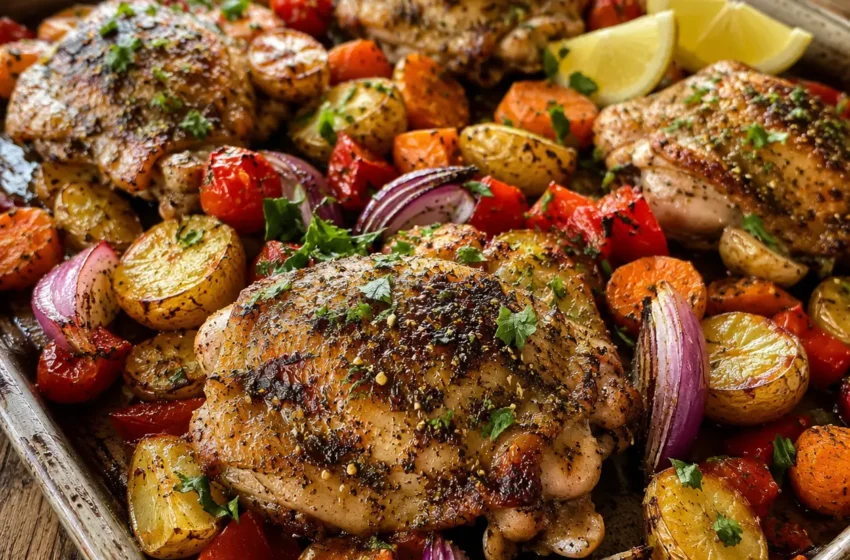 Sheet Pan Za'atar Chicken Thighs with crispy skin, roasted baby potatoes, red onion, carrots, red bell pepper, cherry tomatoes, parsley, and lemon wedges