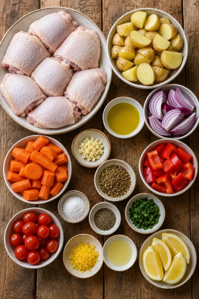 Ingredients for Sheet Pan Za'atar Chicken Thighs and Vegetables arranged neatly on a rustic wooden kitchen table.