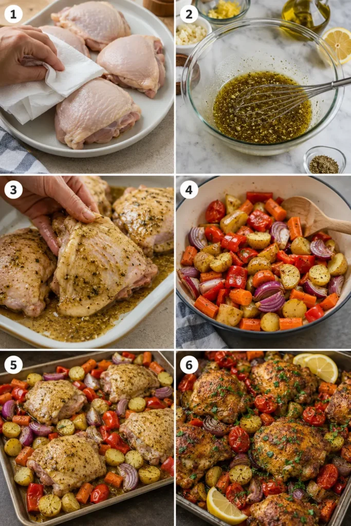Six-panel collage showing preparation steps for Sheet Pan Za'atar Chicken Thighs and Vegetables