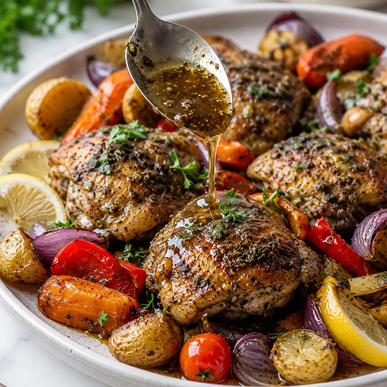 Sheet Pan Za'atar Chicken Thighs arranged neatly for a recipe card with roasted vegetables, lemon, parsley, and cherry tomatoes