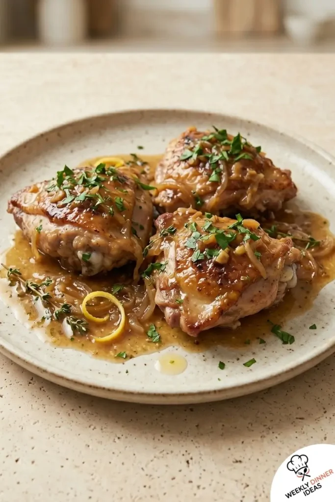Final plated Slow Cooker Chicken Thighs with glossy sauce, onion, thyme, and parsley