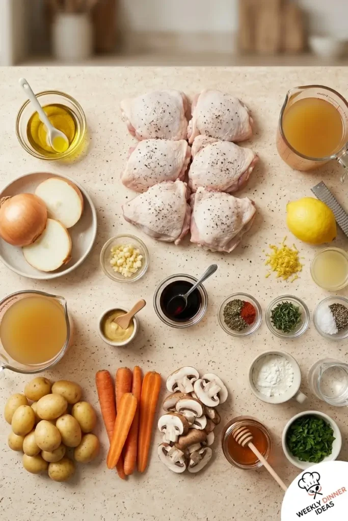 Ingredients for Slow Cooker Chicken Thighs including chicken thighs, onion, garlic, broth, Dijon, lemon, thyme, and parsley