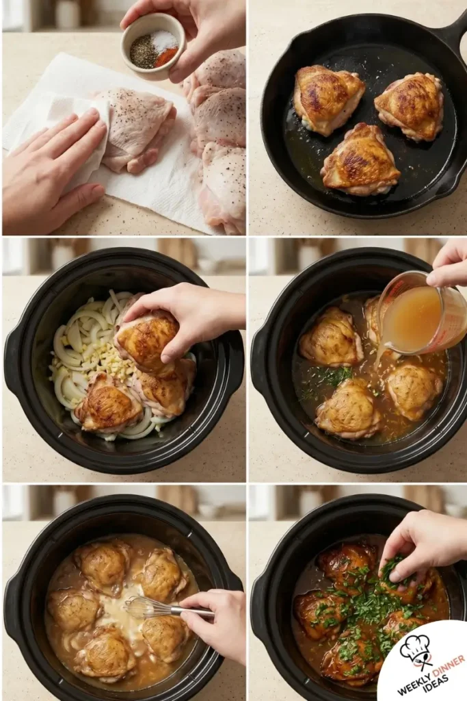 Step-by-step collage showing how to make Slow Cooker Chicken Thighs from seasoning and searing to slow cooking and thickening the sauce