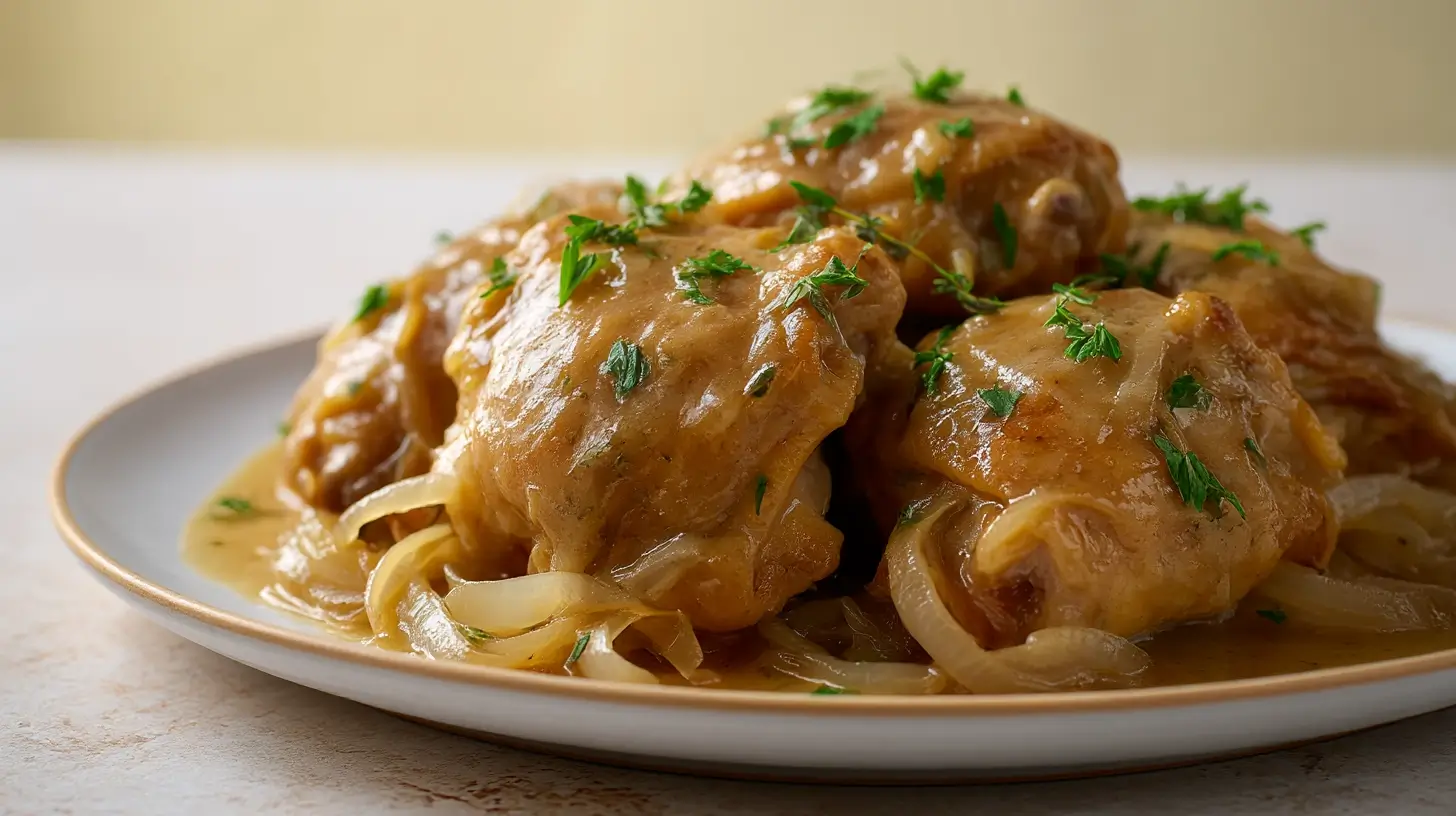 Square recipe image for Slow Cooker Chicken Thighs with glossy savory sauce