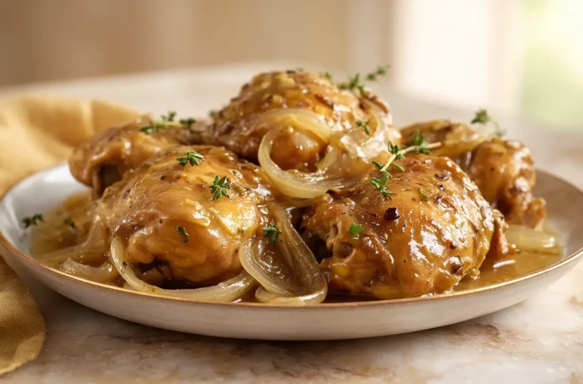 Slow Cooker Chicken Thighs with tender meat and glossy lemon thyme Dijon sauce