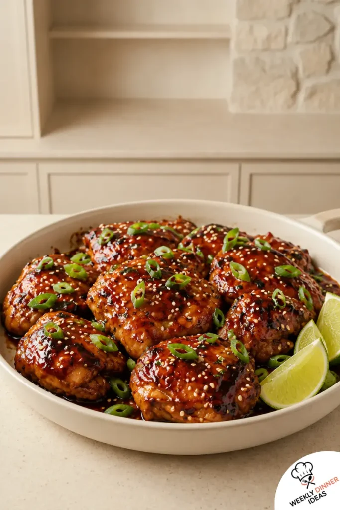 Finished Sweet and Spicy Glazed Chicken Thighs Finished sweet and spicy glazed chicken thighs with sticky glaze, green onions, sesame seeds, and lime wedges.