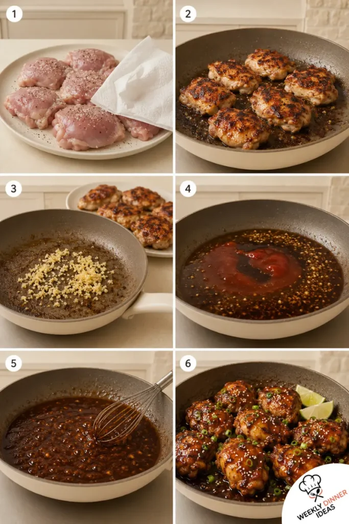 How to Make Sweet and Spicy Glazed Chicken Thighs Six-step photo collage showing how to season, sear, make glaze, thicken, coat, and garnish sweet and spicy chicken thighs.