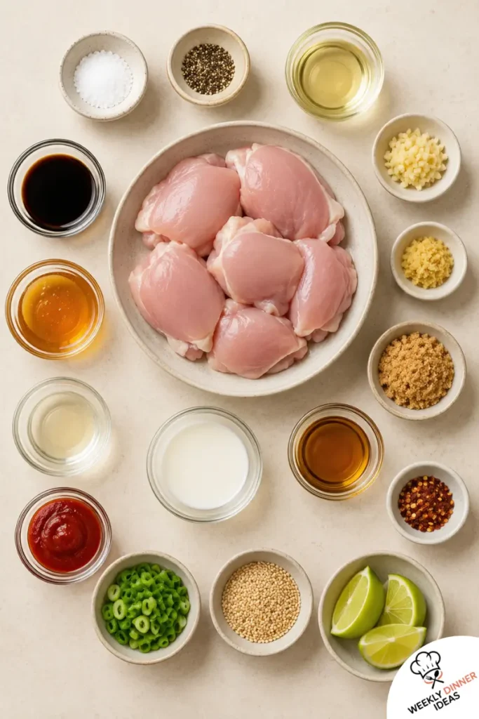 Sweet and Spicy Glazed Chicken Thighs Ingredients Ingredients for sweet and spicy glazed chicken thighs including chicken, soy sauce, honey, sriracha, garlic, ginger, vinegar, green onions, sesame seeds, and lime.