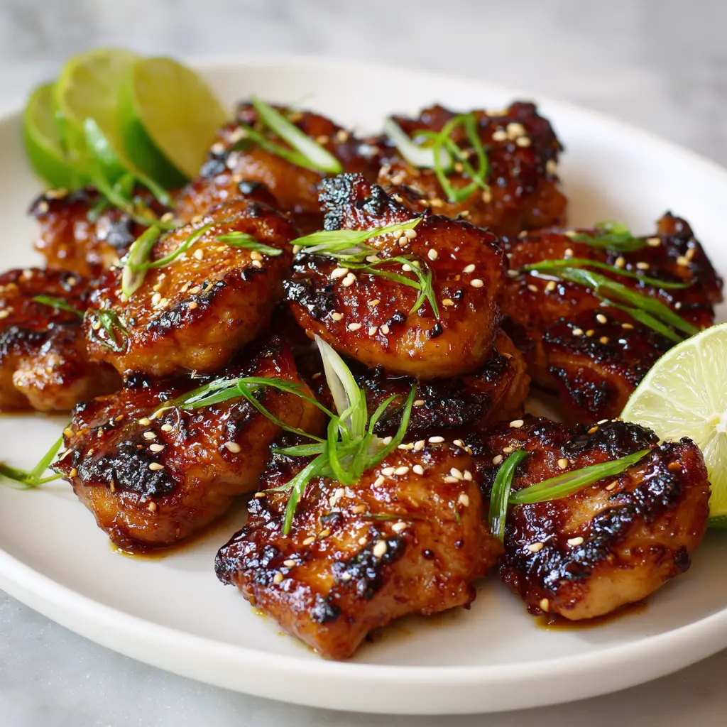 Sweet and Spicy Glazed Chicken Thighs in 30 Minutes! 1 Square recipe image of sweet and spicy glazed chicken thighs with glossy glaze, green onions, sesame seeds, and lime wedges.