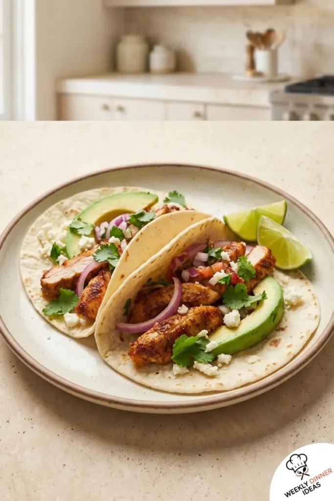 Final Chicken Thigh Tacos Final plated chicken thigh tacos with seared chicken, avocado, cilantro, and lime