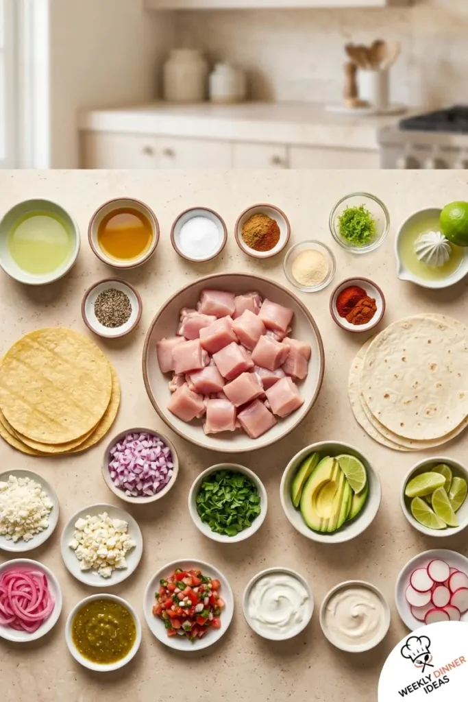 Chicken Thigh Tacos Ingredients Ingredients for chicken thigh tacos including chicken thighs, tortillas, lime, red onion, cilantro, avocado, and taco spices