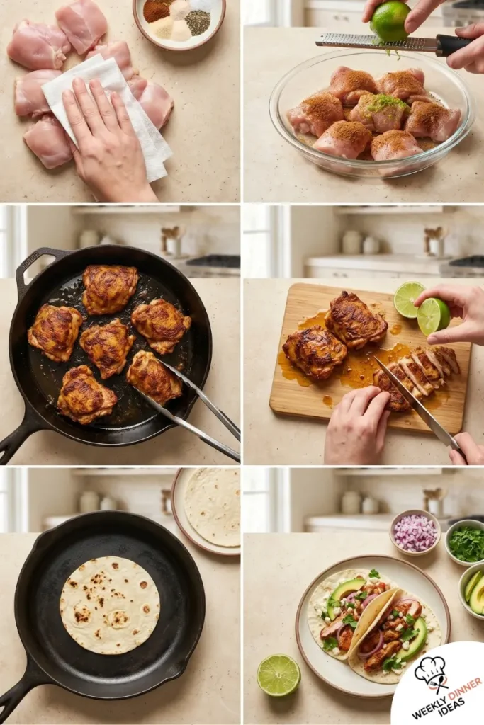 How to Make Chicken Thigh Tacos Step-by-step collage showing how to make chicken thigh tacos from seasoning and searing to slicing and assembling