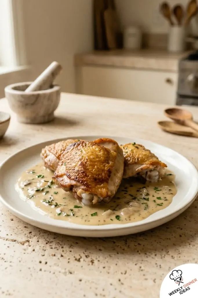Final plated Creamy Oven Baked Chicken Thighs with crispy skin and creamy garlic sauce