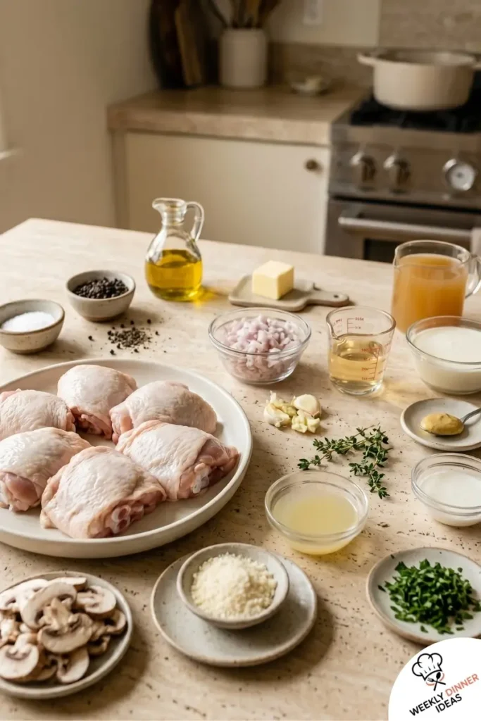 Ingredients for Creamy Oven Baked Chicken Thighs including chicken thighs, cream, broth, shallot, garlic, Dijon, thyme, lemon, and parsley