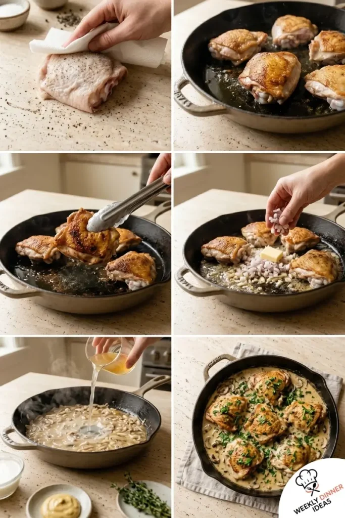 Step-by-step collage showing how to make Creamy Oven Baked Chicken Thighs from searing to creamy sauce and oven finish