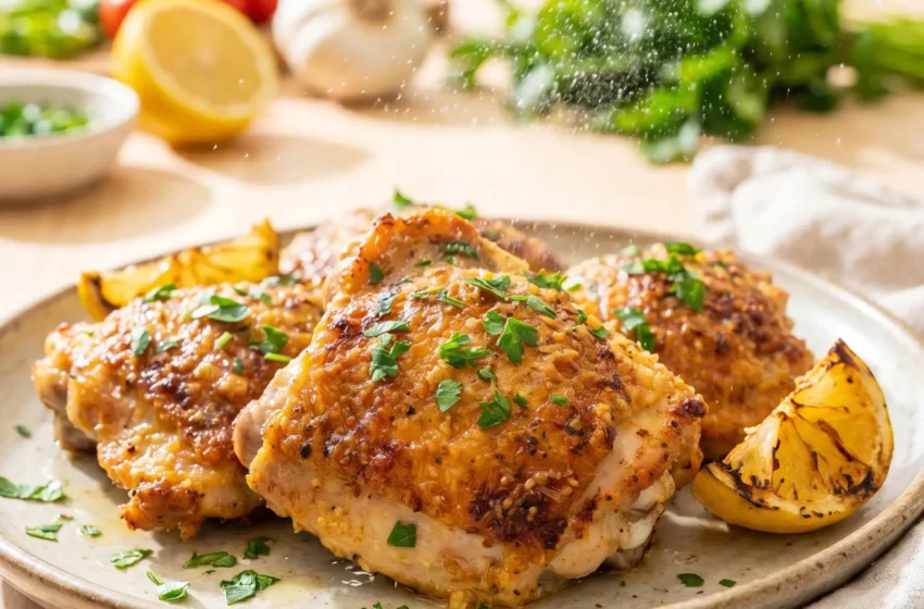 Golden Garlic Parmesan Chicken Thighs with crispy cheesy crust, fresh parsley, and lemon wedges.