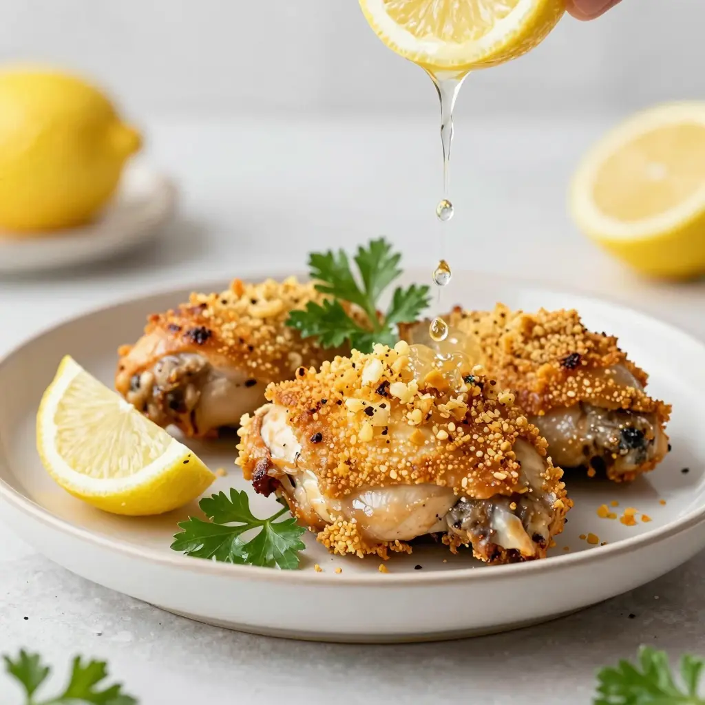 garlic-parmesan-chicken-thighs-hero Close-up of Garlic Parmesan Chicken Thighs with crispy crust being cut open