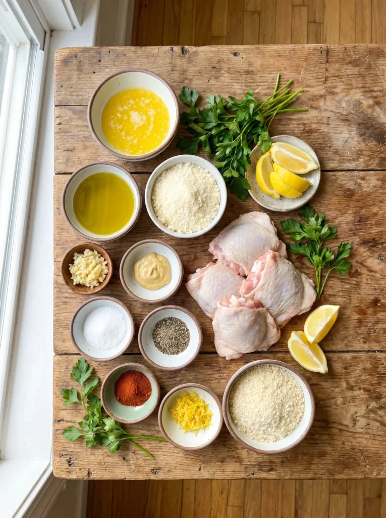 garlic-parmesan-chicken-thighs-ingredients Ingredients for Garlic Parmesan Chicken Thighs arranged on a rustic kitchen surface.