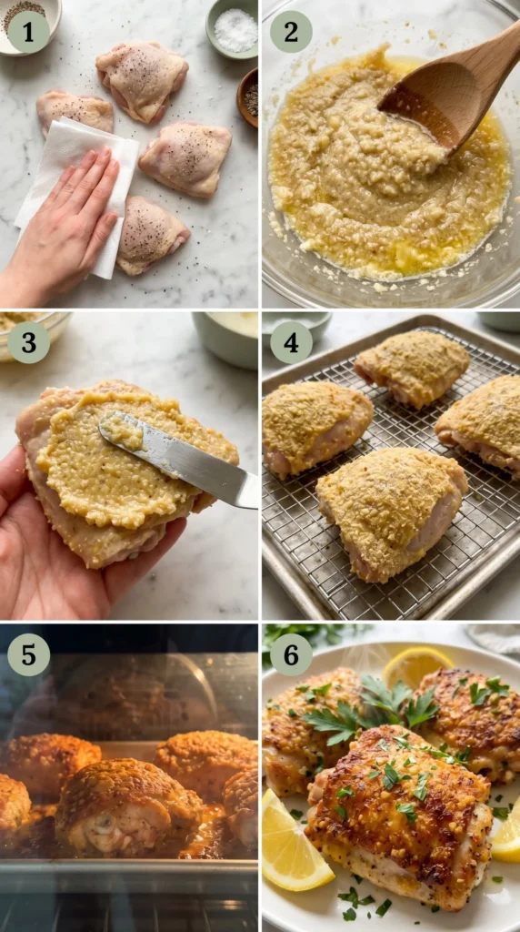 garlic-parmesan-chicken-thighs-steps Six-step collage showing how to prepare Garlic Parmesan Chicken Thighs.
