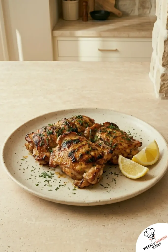 Final Grilled Dill Pickle Chicken Thighs Final plated grilled dill pickle chicken thighs with lemon wedges and dill