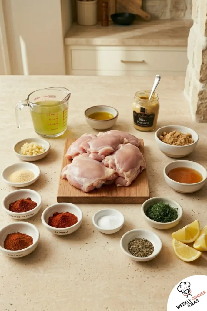 Grilled Dill Pickle Chicken Thighs Ingredients Ingredients for grilled dill pickle chicken thighs including chicken thighs, pickle juice, Dijon, garlic, paprika, dill, and lemon