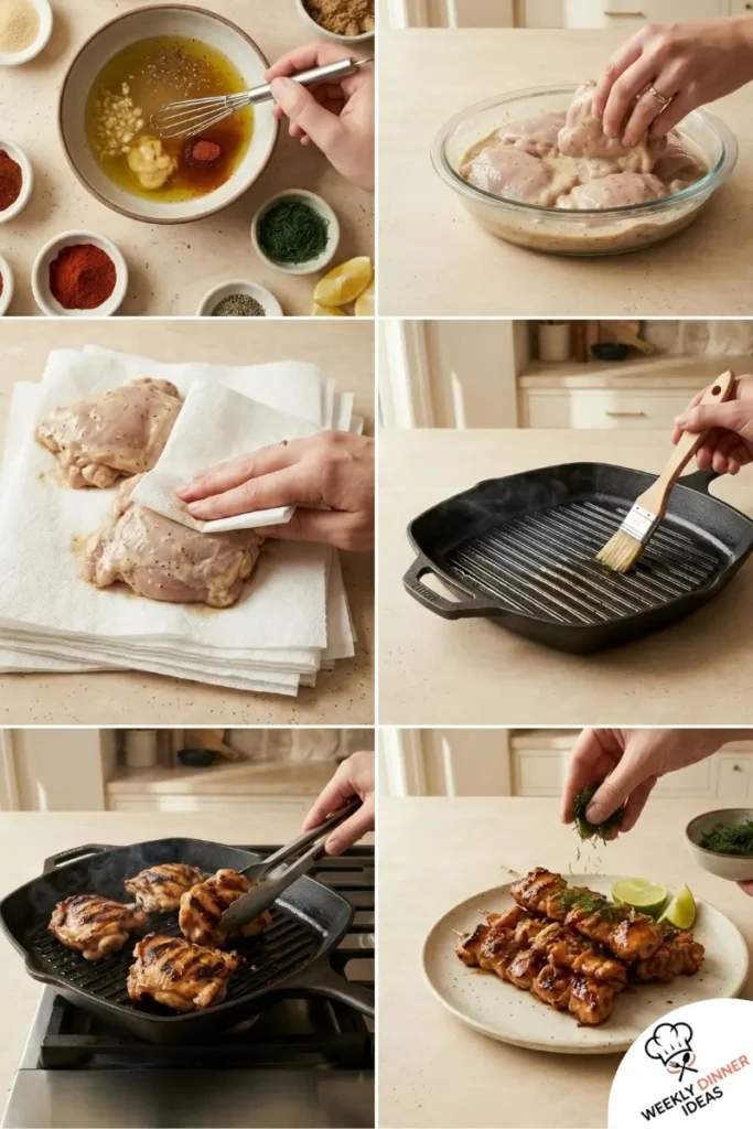 How to Make Grilled Dill Pickle Chicken Thighs Step-by-step collage showing how to make grilled dill pickle chicken thighs from brining to grilling and serving