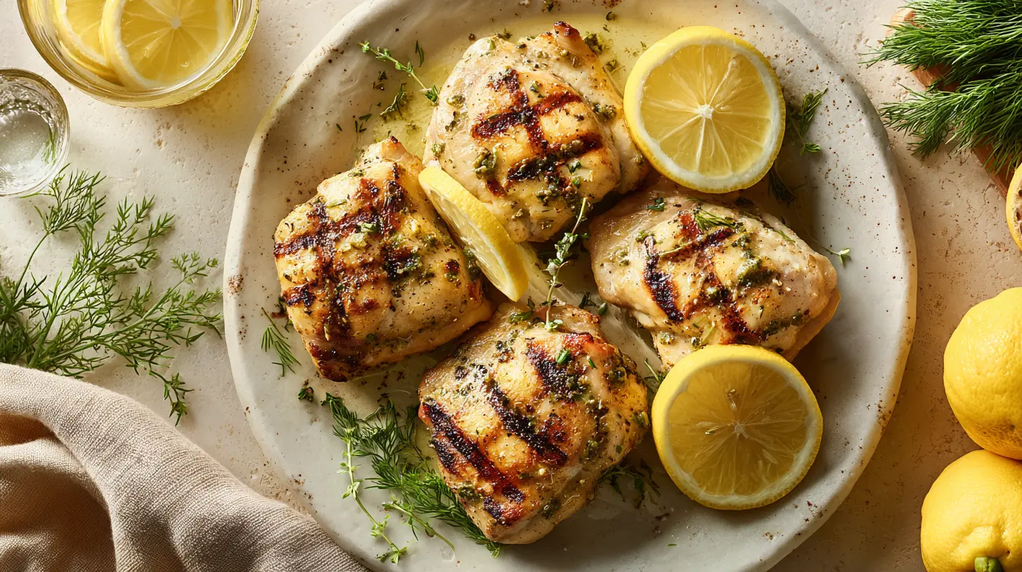 Easy Grilled Dill Pickle Chicken Thighs in Just 30 Minutes! 1 Square recipe image for grilled dill pickle chicken thighs with charred edges and lemon